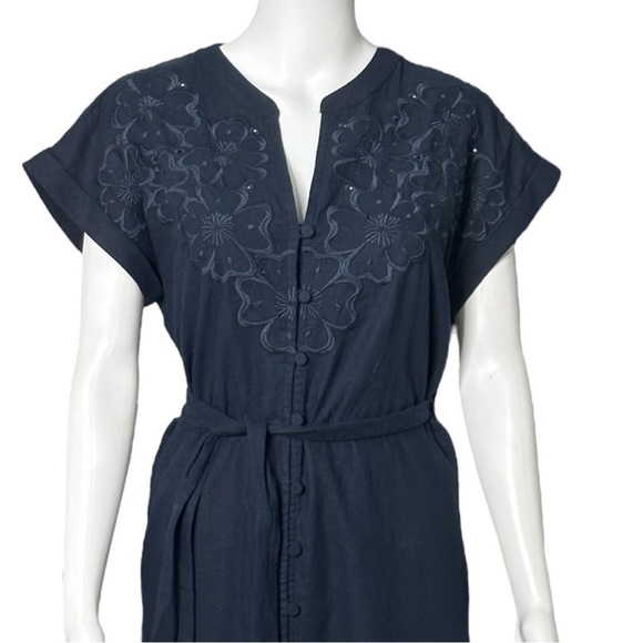 ELIE TAHARI Linen Blend Cap Sleeve Eyelet Trim Navy Blue Knee Length Dress - Picture 3 of 12